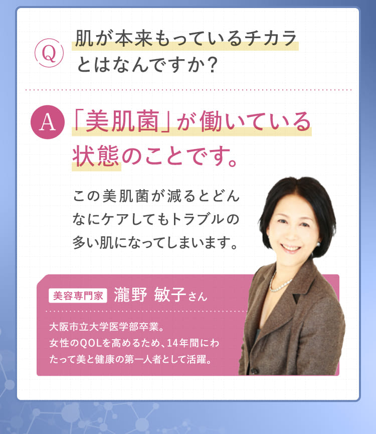 肌が本来もっているチカラとはなんですか？「美肌菌」が働いている状態のことです。